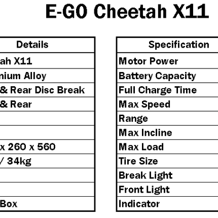 E-GO Cheetah – Premium High-Speed Electric Scooter specifications chart with detailed features and performance metrics.