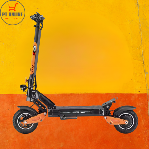 Black and orange electric scooter on a gradient yellow to orange background with PT Online logo.