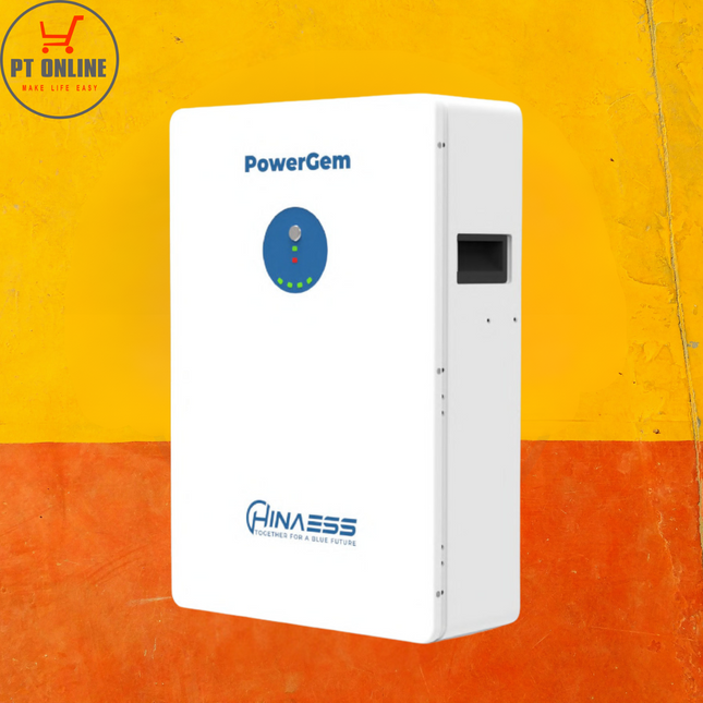 HinaESS PowerGem 5.12kWh Lithium Battery 51.2V - 100ah on orange background, innovative energy storage solution.