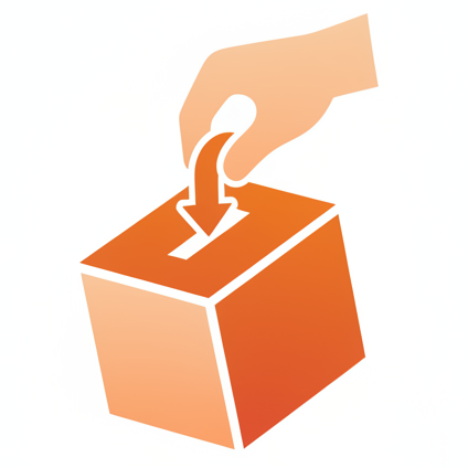 reviews logo, simplistic design in orange and only the hand putting in a vote within a box